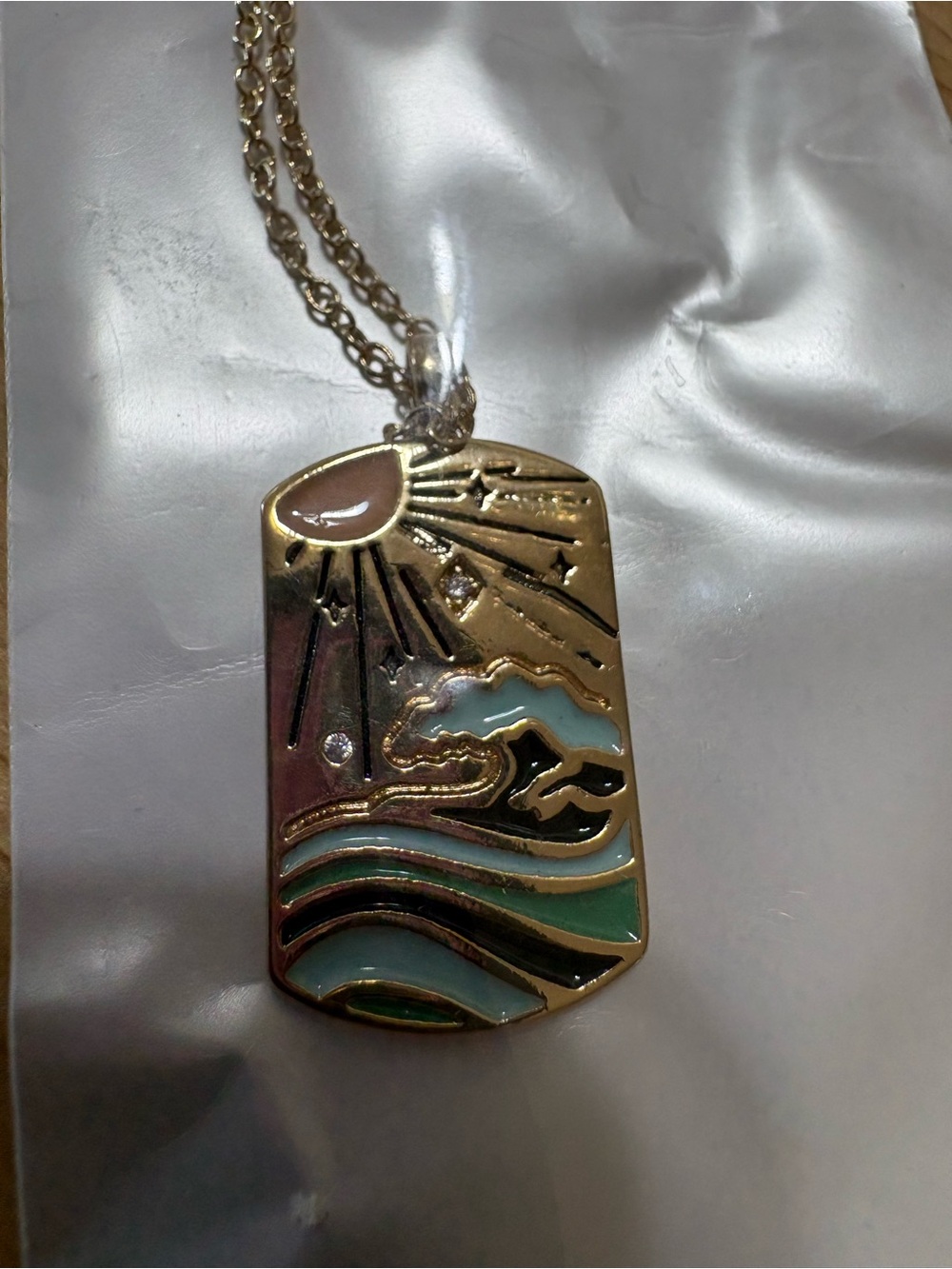 N401 Gold-tone Sun & Wave Enamel Pendant Necklace - Teal, Aqua, Pink